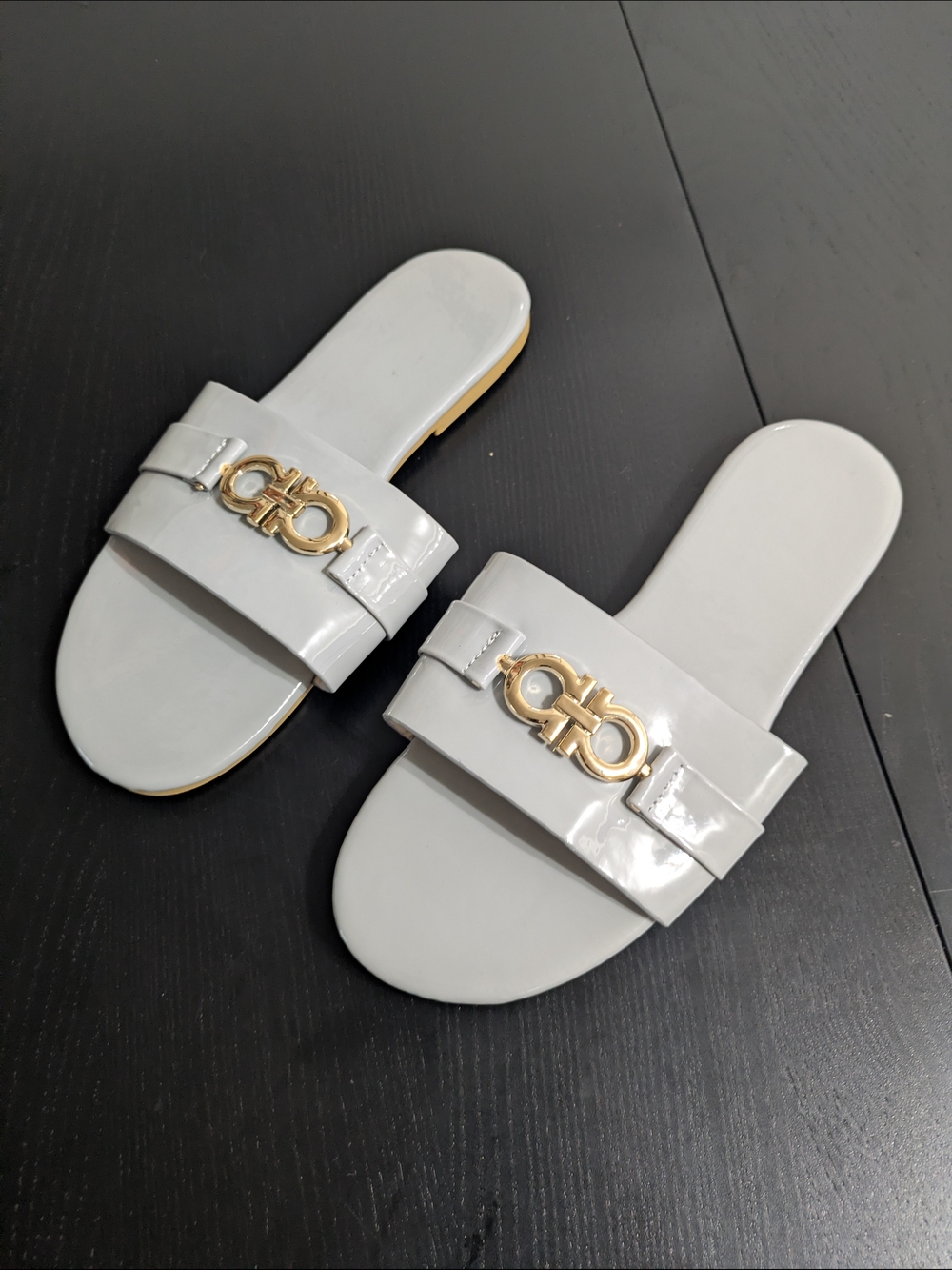 Salvatore Ferragamo Grey Patent Slide Sandals with Gold Gancini